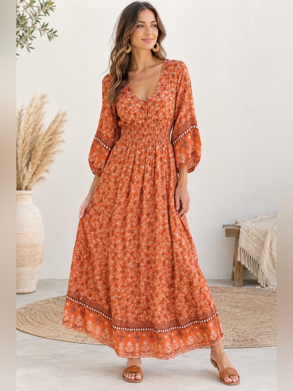 J. Gee Boho Rust Floral Boho Maxi Dress V Neck Ditsy Lightweight Cottagecore